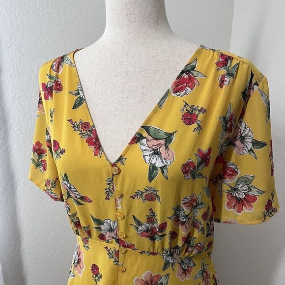 Lulus Button Front Midi Dress Women Large Short Sleeve Yellow Floral - Picture 3 of 10